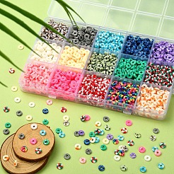 15色の手作りポリマークレイビーズ連売り  ジュエリー工芸用品のDIY用  ヒシビーズ  ディスク/フラットラウンド  ミックスカラー  6x0.5~1mm  穴：1.8mm  約160PCS /カラー&nbsp;CLAY-YW0001-45