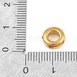 304ステンレススチールラインストーンヨーロピアンビーズ  大穴ビーズ  ゴールドカラー  ロンデル  ローズ  8.5x3.5mm  穴：4.5mm&nbsp;RB-CBA362B-01K