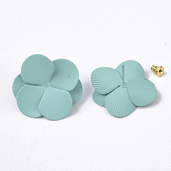 スプレー塗装された鉄のスタッドのイヤリングのセッティング  ピアスバックキャッチ/イヤーナット付き  花  ミディアムターコイズ  30x29~30x11mm  ピン：1mm&nbsp;IFIN-N004-01C