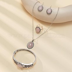 Oval Alloy with Natural Rose Quartz Pendant Necklaces & Dangle Earrings & Cuff Ring & Bangles Sets&nbsp;WG03D09-02