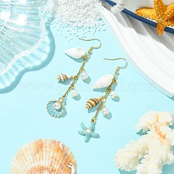 合金エナメルヒトデダングルイヤリング  シェルパール＆シェルアシンメトリーピアス  空色  77x17mm&nbsp;EJEW-JE05560-01