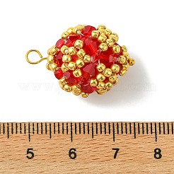 ガラスチャーム  丸いチャーム  真鍮製のピンとガラス製のシードビーズを使用  多面カット  レッド  25.5x17mm  穴：3x3.5mm&nbsp;PALLOY-MZ01348-01