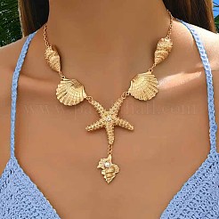 夏のビーチ合金クリスタルラインストーンシェルシェイプヒトデペンダントネックレス（女性用）  ゴールドカラー  17.32インチ（44cm）&nbsp;FS-WGE00B6-01