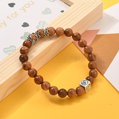 ヨガのテーマ  天然木ビーズストレッチブレスレットセット  チベットのスタイル合金ビーズで  om記号の付いた立方体  アンティークシルバー  ミックスカラー  内径：2-1/8インチ（5.5cm）  4個/セット&nbsp;BJEW-JB05519