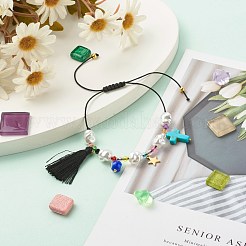 合成ターコイズ (染色) & プラスチック & ランプワーク編みビーズ ブレスレット、女の子、女性用  タッセル＆ナザールボンジュウ＆クロス＆スターチャームブレスレット  ミックスカラー  内径：1-1/4インチ（3.1~10cm）&nbsp;BJEW-JB06952
