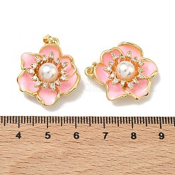 真鍮マイクロパヴェクリアキュービックジルコニアペンダント  花のチャーム  エナメルとプラスチックパール付き  18KGP本金メッキ  26.5x22.5x9mm  穴：5x3mm&nbsp;KK-H265-06G