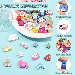 プリントされた天然メープルウッドビーズ90個  染め  混合図形  鉛フリー＆ニッケルフリー＆カドミウムフリー  ミックスカラー  12~36x12~34.5x4.5~12mm  穴：1.6~3.5mm&nbsp;WOOD-YW0001-83