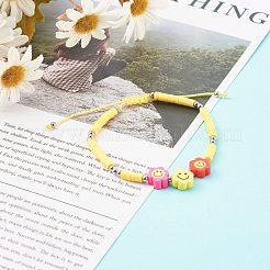 調節可能なナイロン糸編組ビーズブレスレット  ポリマークレイ平石ビーズ  笑顔の花  ミックスカラー  2~2-7/8インチ（5~7.2cm）&nbsp;BJEW-JB06198