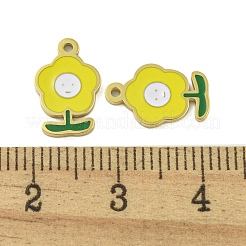 304ステンレススチールチャーム  エナメル  笑顔のチャーム付きフラワー  14KGP本金メッキ  きいろ  13x8x1mm  穴：1mm&nbsp;STAS-L022-435G-02