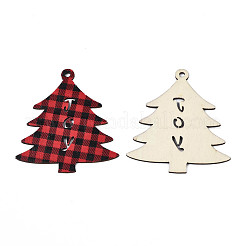 クリスマステーマの片面プリントウッドビッグペンダント  タータン チェック柄のクリスマス ツリー  レッド  79x73x2mm  穴：3.5mm&nbsp;WOOD-N005-59
