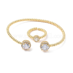 Round Brass Micro Pave Cubic Zirconia Cuff Bangles & Rings Sets for Women&nbsp;SJEW-R002-01G-02