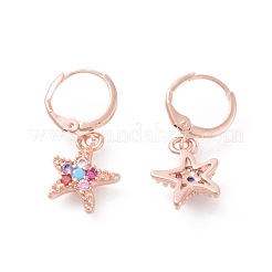 真鍮マイクロパヴェキュービックジルコニアダングルフープピアス  ヒトデ/海星  カラフル  ローズゴールド  27.5mm  ピン：0.9mm&nbsp;EJEW-F233-05RG