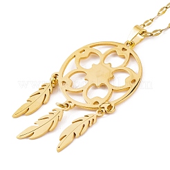 Woven Net/Web with Feather 201 Stainless Steel Boho Pendant Necklaces for Women&nbsp;NJEW-G087-04G