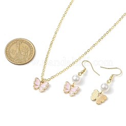合金エナメル蝶チャームネックレス＆ダングルイヤリング＆ABSプラスチック模造真珠ビーズブレスレットセット  女性用ジュエリーセット  ピンク  380mm&nbsp;SJEW-JS01315-01