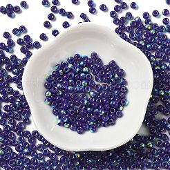 ガラスシードビーズ  半分メッキ  不透明な色の虹  丸い穴  ラウンド  ダークスレートブルー  4x3mm  穴：1.2mm  7500個/ポンド&nbsp;SEED-H002-A-A619