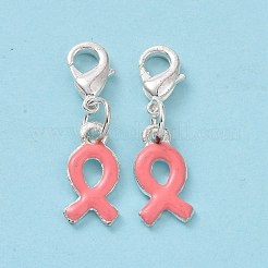 10月の乳がん啓発リボン合金エナメルペンダント  とカニカン付き  銀色のメッキ  サイズ：約28mm長  穴：3mm  タイ：7.5 mm幅  長さ15mm  2 mm厚。&nbsp;ENAM-H049-1