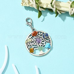 チベットスタイルの合金のペンダントの装飾  天然チャクラ混合ジェムストーンチップとカニカン付き  命の木とフラットラウンド  55mm&nbsp;HJEW-JM01537-01
