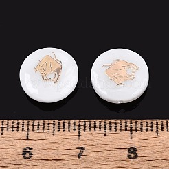 天然淡水シェルビーズ  金メッキ真鍮エッチング金属装飾付き  十二星座とフラットラウンド  貝殻色  牡牛座  11~12x4~6mm  穴：0.5~0.9mm&nbsp;SHEL-N037-02A-G