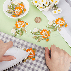 6個の花柄ポリエステル＆コットンコンピューター刺繍アイロン/縫い付けパッチ  中国風のアップリケ  オレンジ  81x63x1.5mm&nbsp;PATC-HY0001-91A