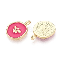 真鍮とエナメルのペンダント  昆虫チャーム付きナゲット  16KGP本金メッキ  濃いピンク  18x14x3mm  穴：3x1.6mm&nbsp;KK-T080-68G