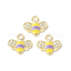 金メッキ合金エナメルチャーム  ラインストーン付き  蜂のチャーム  紫色のメディア  12.5x14.5x2.5mm  穴：1.8mm&nbsp;ENAM-G212-18G-03