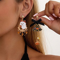 ハロウィン 合金エナメル＆アクリル製スタッドピアス  カボチャと幽霊  ゴールドカラー  45x20mm&nbsp;WGCBD87-01