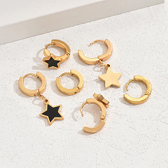 女性用201ステンレススチール製アクリルフープピアス3ペア  スター  ゴールドカラー  19~33x10~13mm&nbsp;BM5587