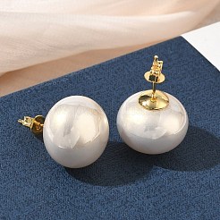 真鍮とABS樹脂製のイミテーションパールスタッドピアス（女性用）  ラウンド  長持ちメッキ  ラックめっき  鉛フリー＆カドミウムフリー  ゴールドカラー  リネン  15.5mm&nbsp;PL-CBA760A-14C-G02