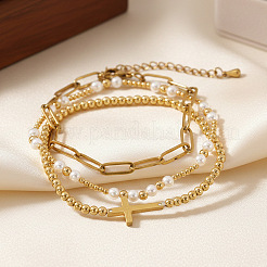 3Pcs Cross 304 Stainless Steel & Imitation Pearl Beaded Stretch Bracelet Sets&nbsp;PU8639-1