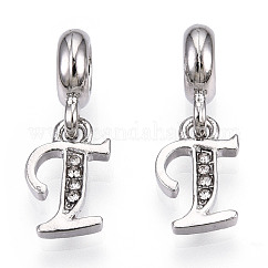 Platinum Rack Plating Alloy Rhinestone European Dangle Charms, Large Hole Pendants, Letter, Cadmium Free & Lead Free, Letter.T, 23~27mm, Hole: 4.5mm, Pendants: 13~16.5x6~14x2mm, hole: 2mm