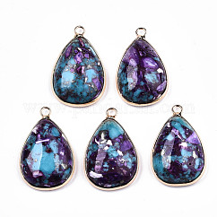 Teardrop Assembled Synthetic Turquoise and Natural Regalite/Imperial Jasper Pendants, with Iron Loop and Brass Edge, Light Gold, Dyed, Medium Turquoise, 30x19x7~8mm, Hole: 2mm