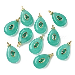 Dyed Natural White Jade Pendants, Teardrop Charms with Brass Micro Pave Cubic Zirconia Findings, Long-Lasting Plated, Rack Plating, Real 18K Gold Plated, Cadmium Free & Lead Free, Cyan, 22.5~25x12.5~15x5.5~6.5mm, Hole: 2.5mm