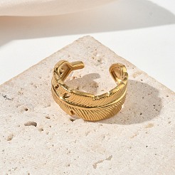 女性用304ステンレススチールカフオープンリング  羽  ゴールドカラー  10mm  内径：18.6mm&nbsp;RJEW-L341-03B-G