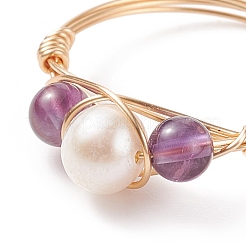 Gemstone & Natural Pearl Braided Finger Ring&nbsp;RJEW-JR00509