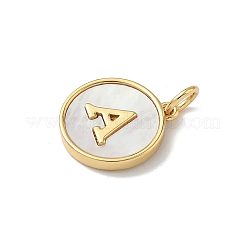 Brass Pave Natural Shell Flat Round with Letter A~Z Charms&nbsp;KK-Z115-13G