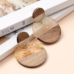 透明樹脂＆ウォールナットウッドダングルスタッドピアス  金箔  スチールピンとプラスチックイヤーナット  フラットラウンド  ゴールド  49.5mm  ピン：0.7mm&nbsp;EJEW-JE04281-01