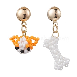ガラスシードビーズ犬＆骨スタッドピアス  アイアンスタッドピアス  プラチナ  左右  ミックスカラー  27x16.5mm&nbsp;EJEW-MZ00339