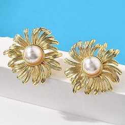 Brass ABS Plastic Imitation Pearl Flower Stud Earrings&nbsp;EJEW-S258-01G