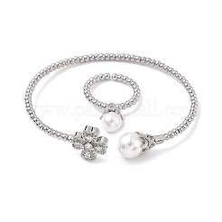 Heart Clover Brass Micro Pave Cubic Zirconia Cuff Bangles & Rings Sets for Women&nbsp;SJEW-R002-02P-02