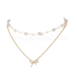 304 Stainless Steel Bowknot Pendant Natural Amethyst Nuggets Link Chain Double Layer Necklaces for Women&nbsp;NJEW-JN05399-02
