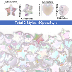 100個2スタイルの透明アクリルビーズ  スター＆ハート  クリアAB  8~10x8x10x3~4mm  穴：1~1.5mm  50個/スタイル&nbsp;OACR-SC0002-41B