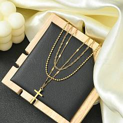 女性用クロス 304 ステンレス ペンダント ネックレス  3層チェーンネックレス  ゴールドカラー  15.98インチ（40.6cm）&nbsp;NJEW-G157-07G