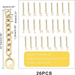 304ステンレススチールチェーンエクステンダー  アズキチェーンとアルファベットチャーム付き  a～zの文字  ゴールドカラー  67.5mm  リンク：8x6x1.3mm  穴：5.3x3.3mm  26個/セット  1セット/箱&nbsp;STAS-UN0017-14G