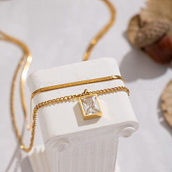 European Style Stainless Steel Pave Clear Cubic Zirconia Rectangle Pendant Snake Chain Double Layered Necklaces for Women&nbsp;ND1910