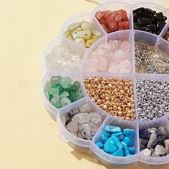 DIY ジェムストーン チップ イヤリング メイキング キット  真鍮製のピアスフックを含む  ガラスシードビーズ  天然と合成の混合宝石チップビーズ  ミックスカラー&nbsp;DIY-FS0003-19