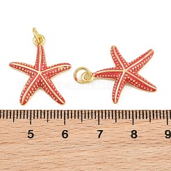 真鍮製エナメルペンダント  ヒトデのチャーム  長持ちメッキ  ラックめっき  カドミウムフリー＆鉛フリー  ゴールドカラー  レッド  22x18x3mm  穴：3.5mm&nbsp;KK-CBACBC6-05G-02