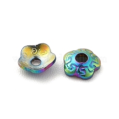 イオンプレーティング（IP）304ステンレススチールビーズキャップ  花  5花びら  虹色  4x4x1mm  穴：1mm&nbsp;STAS-N0005-01MC