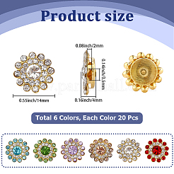 120色の合金ラインストーンスナップボタン6個  花  ゴールドカラー  ミックスカラー  14x4mm  20個/カラー&nbsp;DIY-CY0002-30