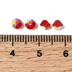 透明な電気メッキガラスビーズ  双円錐形  半分メッキ  多面カット  レッド  4x3.5mm  穴：0.8mm  約720個/袋&nbsp;GLAA-K072-02B