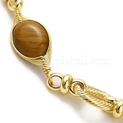 Oval Natural Tiger Eye & Pearl Link Bracelets&nbsp;BJEW-C051-48G